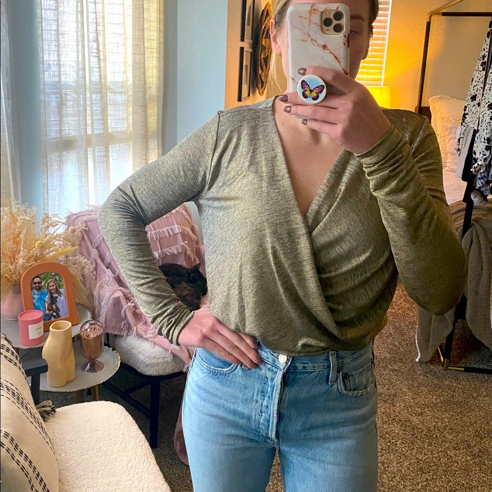 Womens Gold Metallic Drape Front Top